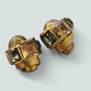 SALE Vintage Clip On Earring Square Cut Multi Color Gemstone MCM Gold Tone Jewel